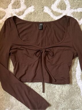 SHEIN Brown Long Sleeve Tie-Front Scoop Crop Top